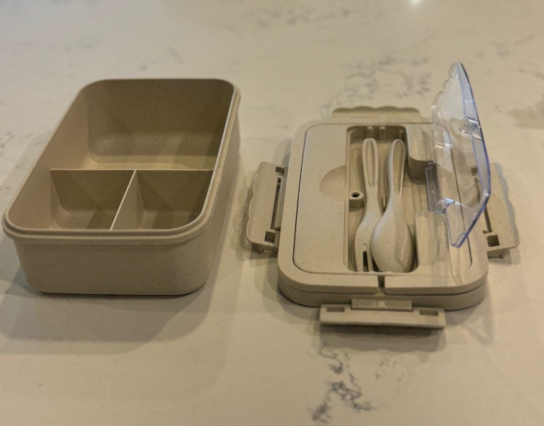 F9 White Kids Lunch Box – 3 Compartments with Spoon & Fork