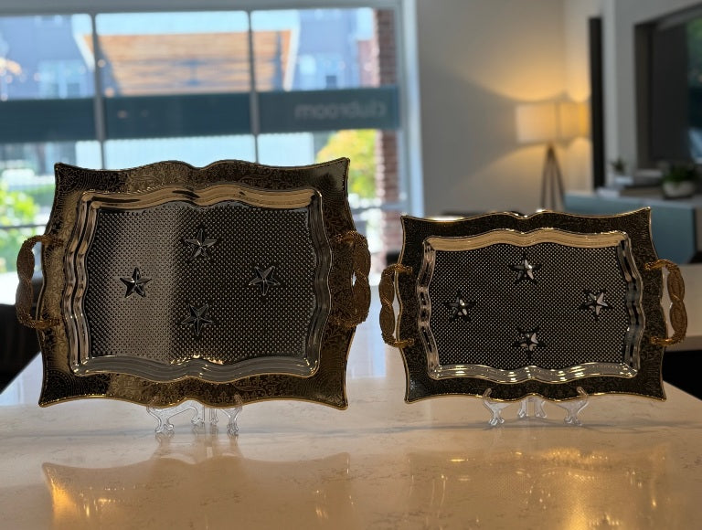 l25 - 2-Piece Stainless Steel Serving Tray Set – Silver with Gold Border