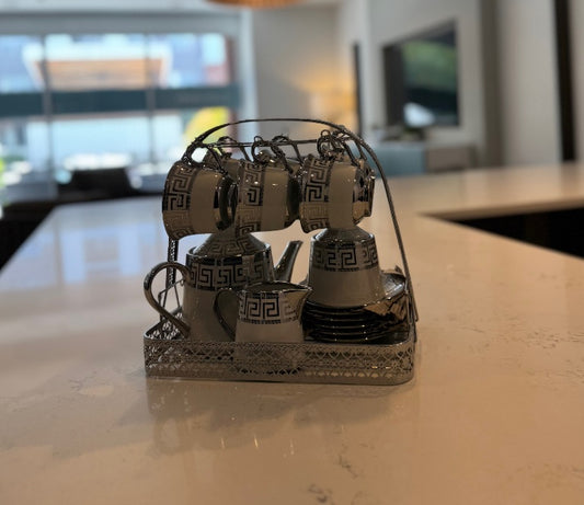 C106 Silver – 16 Pieces Elegant Ceramic Tea / Coffee Set in Silver White Design