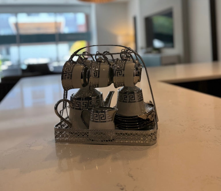 C106 Silver – 16 Pieces Elegant Ceramic Tea / Coffee Set in Silver White Design