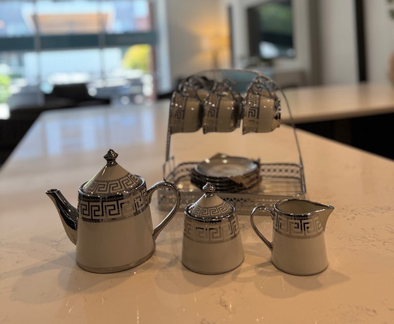C106 Silver – 16 Pieces Elegant Ceramic Tea / Coffee Set in Silver White Design