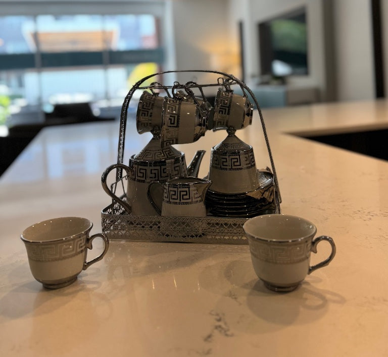 C106 Silver – 16 Pieces Elegant Ceramic Tea / Coffee Set in Silver White Design
