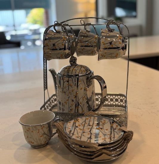 C98 – 14 Pieces Elegant Ceramic Tea / Coffee Set with Kettle & Stand