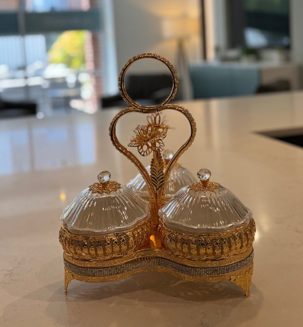 E24 - Elegant Gold Serving Tray with 3 Ceramic Bowls & Lids