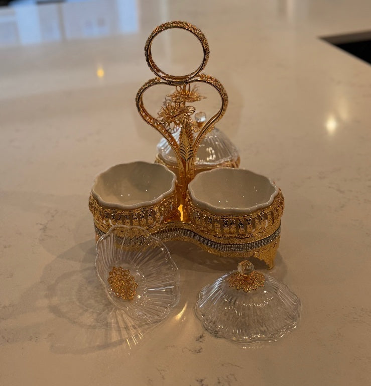 E24 - Elegant Gold Serving Tray with 3 Ceramic Bowls & Lids