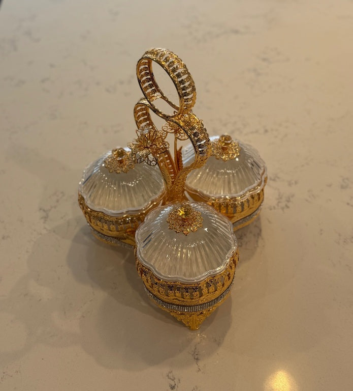 E24 - Elegant Gold Serving Tray with 3 Ceramic Bowls & Lids