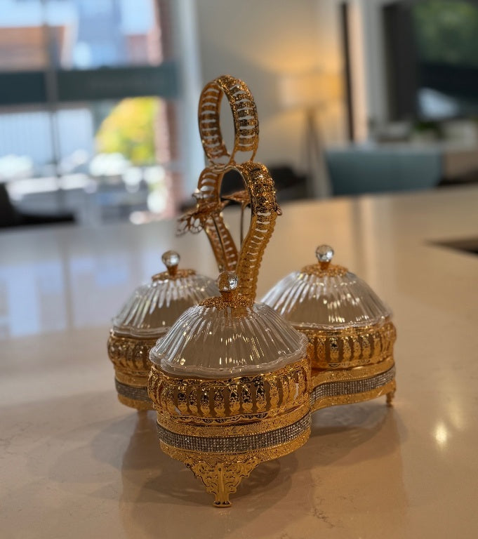 E24 - Elegant Gold Serving Tray with 3 Ceramic Bowls & Lids