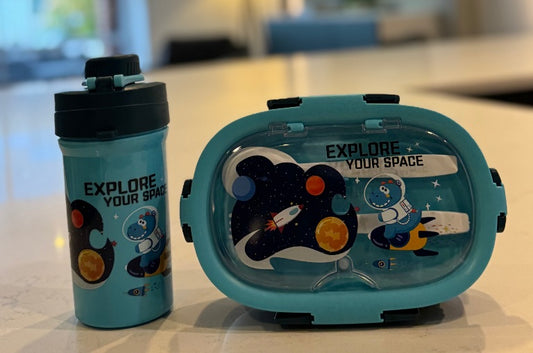 F51 – Blue Kids Lunch Box with Water Bottle (3 Compartments + Spoon & Fork)