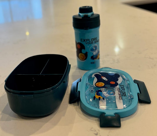 F51 – Blue Kids Lunch Box with Water Bottle (3 Compartments + Spoon & Fork)