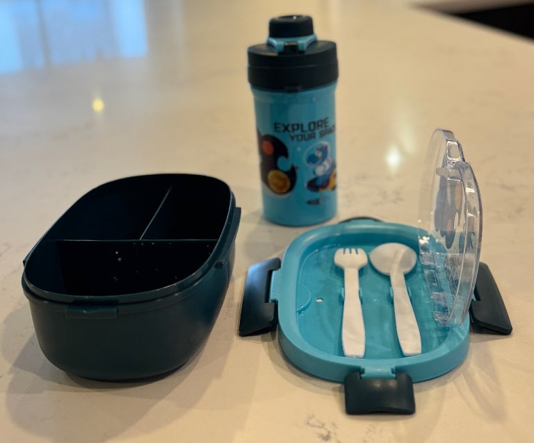 F51 – Blue Kids Lunch Box with Water Bottle (3 Compartments + Spoon & Fork)