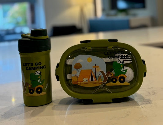 F51 – Green Kids Lunch Box with Water Bottle (3 Compartments + Spoon & Fork)