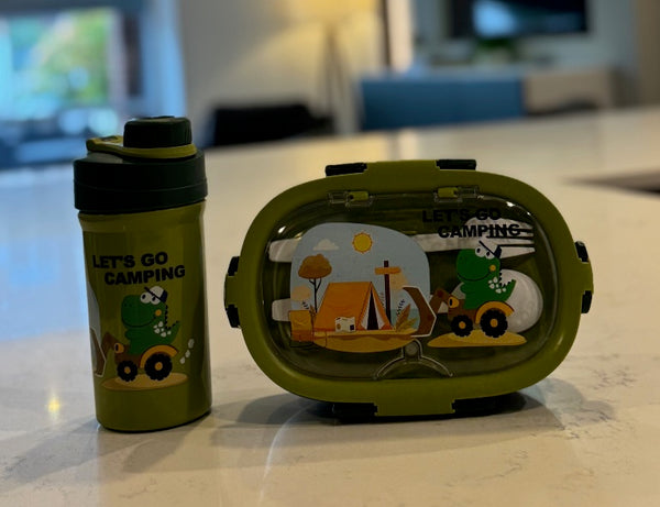 F51 – Green Kids Lunch Box with Water Bottle (3 Compartments + Spoon & Fork)