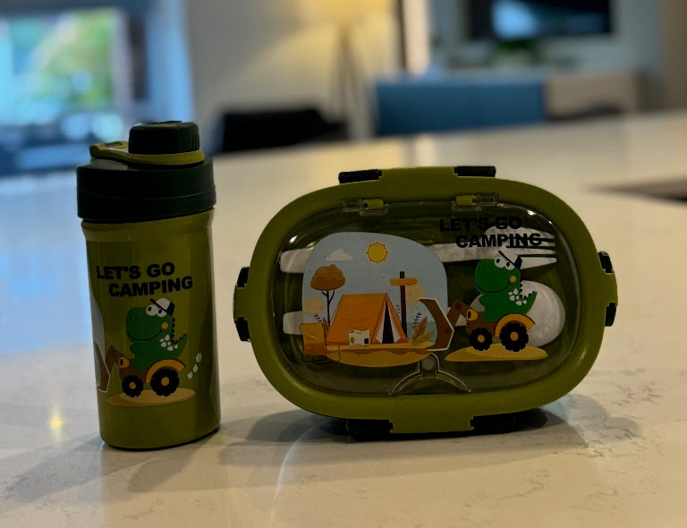 F51 – Green Kids Lunch Box with Water Bottle (3 Compartments + Spoon & Fork)