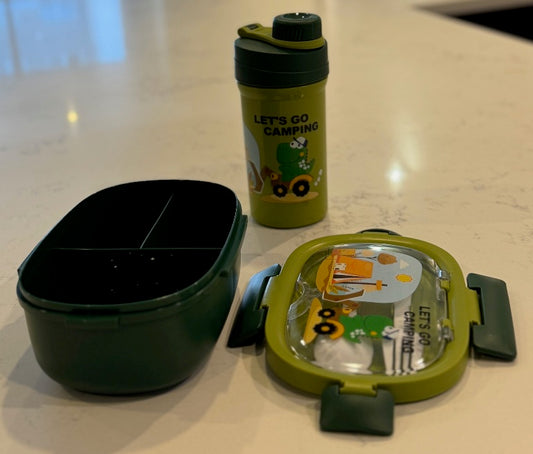 F51 – Green Kids Lunch Box with Water Bottle (3 Compartments + Spoon & Fork)
