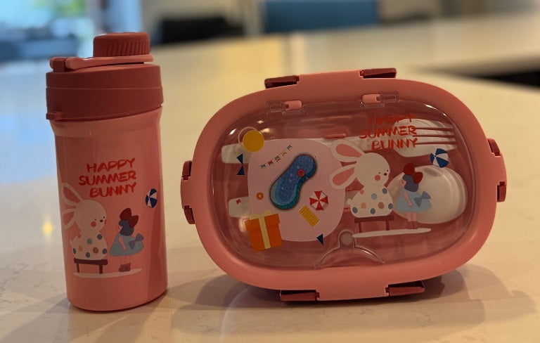 F51 – Pink Kids Lunch Box with Water Bottle (3 Compartments + Spoon & Fork)