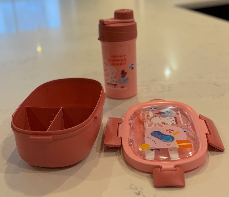 F51 – Pink Kids Lunch Box with Water Bottle (3 Compartments + Spoon & Fork)