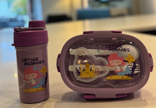 F51 – Purple Kids Lunch Box with Water Bottle (3 Compartments + Spoon & Fork)