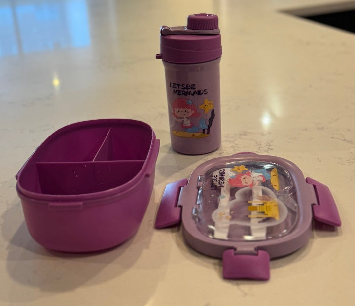F51 – Purple Kids Lunch Box with Water Bottle (3 Compartments + Spoon & Fork)
