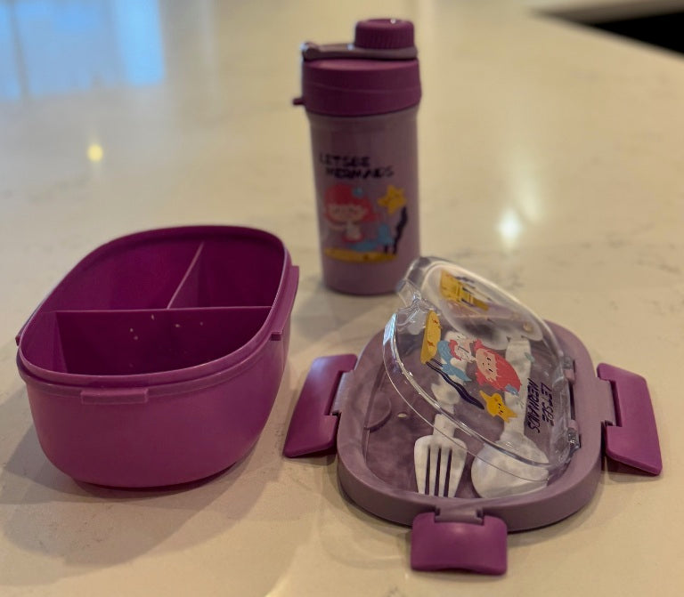 F51 – Purple Kids Lunch Box with Water Bottle (3 Compartments + Spoon & Fork)