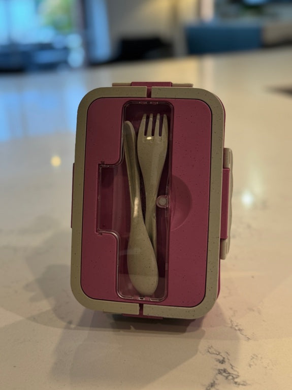 F9 - Pink Kids Lunch Box with 3 Compartments, Spoon & Fork – Portable School Lunch Container