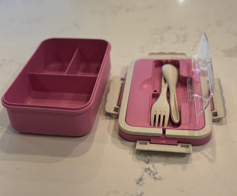 F9 - Pink Kids Lunch Box with 3 Compartments, Spoon & Fork – Portable School Lunch Container