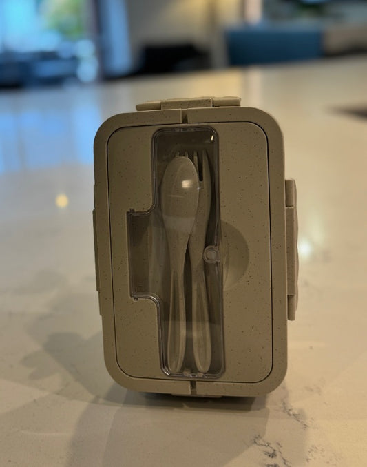 F9 White Kids Lunch Box – 3 Compartments with Spoon & Fork