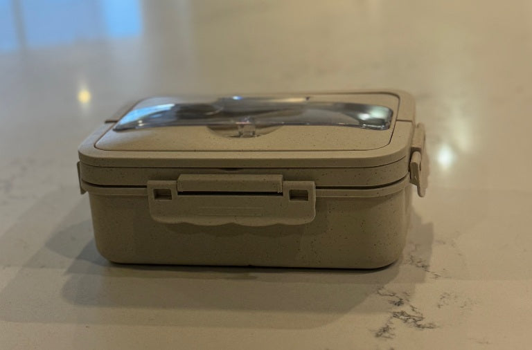 F9 White Kids Lunch Box – 3 Compartments with Spoon & Fork