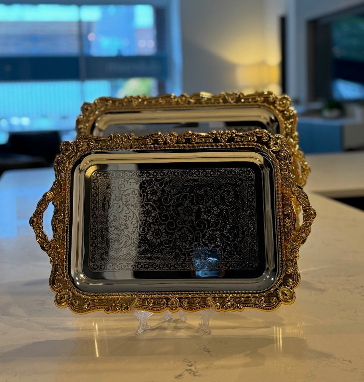 l11 - 2-Piece Stainless Steel Serving Tray Set – Silver with Gold Border