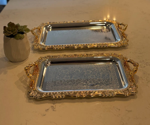 l11 - 2-Piece Stainless Steel Serving Tray Set – Silver with Gold Border