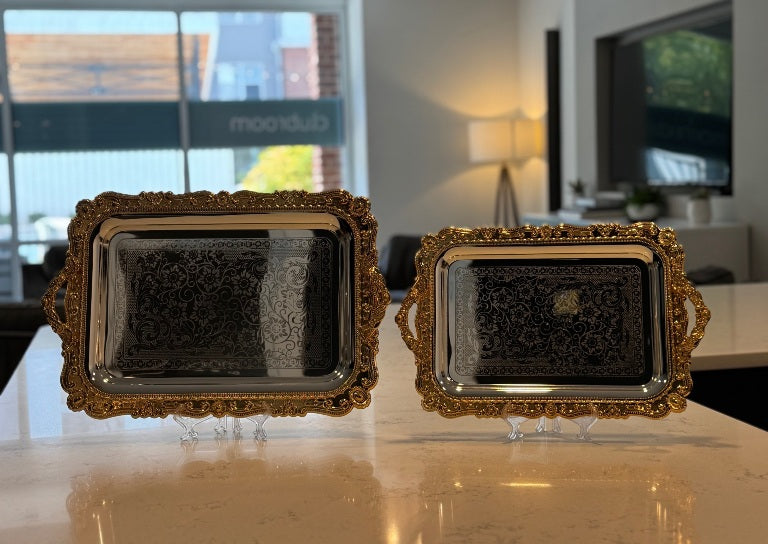 l11 - 2-Piece Stainless Steel Serving Tray Set – Silver with Gold Border