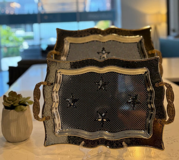 l25 - 2-Piece Stainless Steel Serving Tray Set – Silver with Gold Border