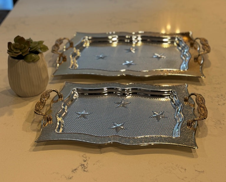 l25 - 2-Piece Stainless Steel Serving Tray Set – Silver with Gold Border