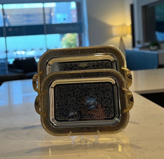 I28 – 2-Piece Stainless Steel Serving Tray Set (Silver with Gold Border)