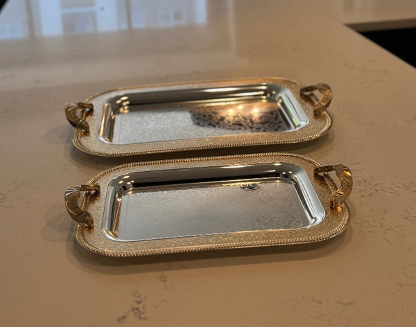 I28 – 2-Piece Stainless Steel Serving Tray Set (Silver with Gold Border)