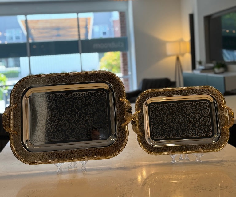 I28 – 2-Piece Stainless Steel Serving Tray Set (Silver with Gold Border)