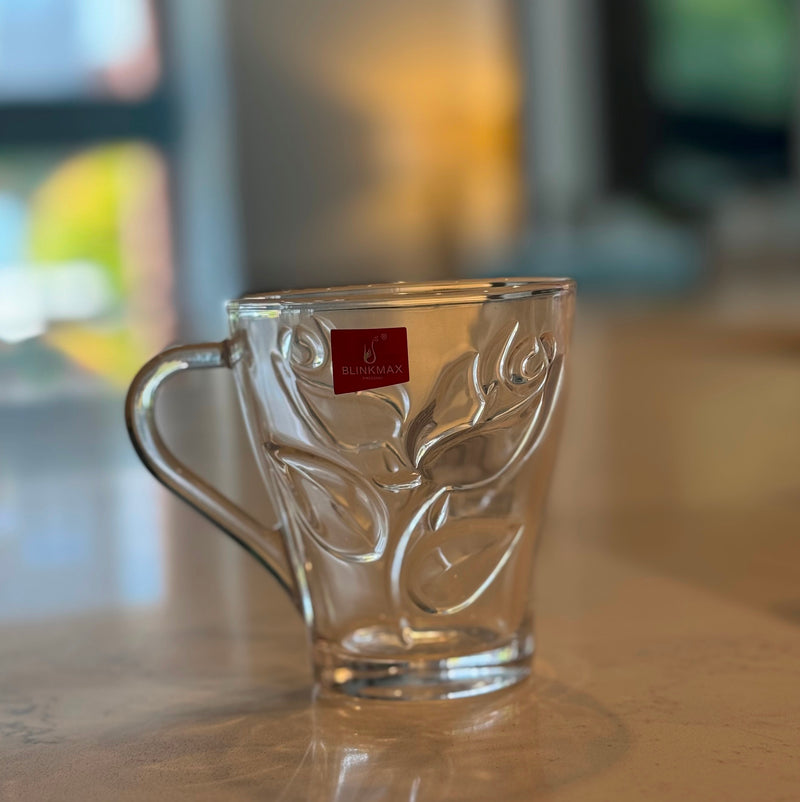 R23 Glass Tea & Coffee Cups – Embossed Floral Design, 260ml (Set of 6)