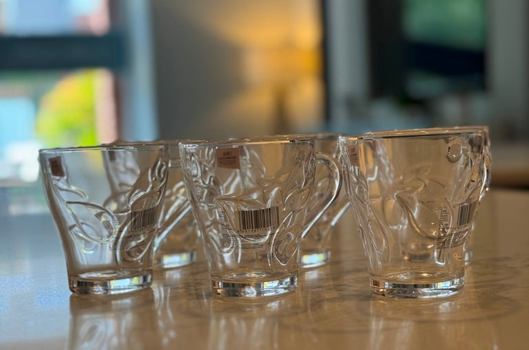 R23 Glass Tea & Coffee Cups – Embossed Floral Design, 260ml (Set of 6)