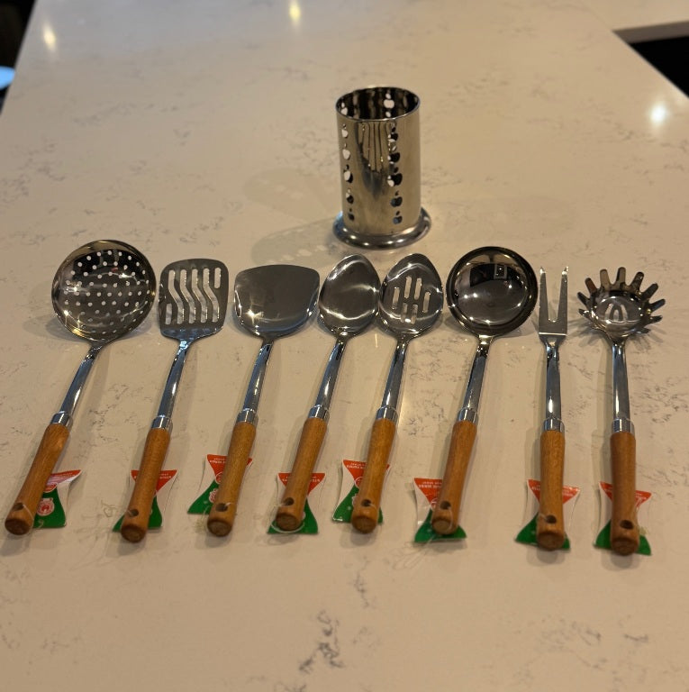 AS2 – 9-Piece Stainless Steel Spatula Set with Wooden Handles & Holder