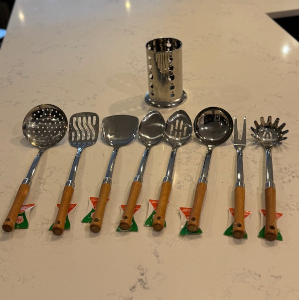 AS2 – 9-Piece Stainless Steel Spatula Set with Wooden Handles & Holder